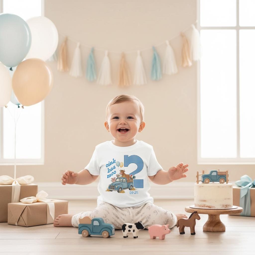 Oink Baa Moo Farm Second Birthday Shirt, Blue Truck Party Outfit