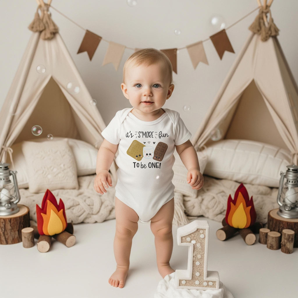S'more Fun to be ONE Onesie®, Camping Birthday Shirt, First Birthday Romper