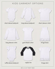 a variety of children's clothing options, including short sleeve bodysuits, long sleeve bodysuits, short sleeve t-shirts, long sleeve t-shirts, girls' fitted t-shirts, fringe dresses, and ruffle sleeve bodysuits.