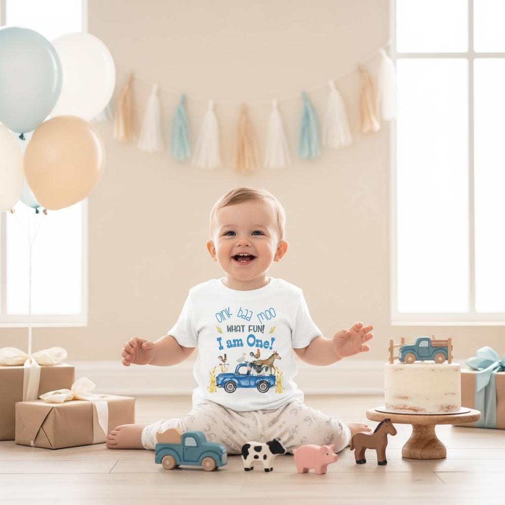 Blue Truck Party, First Birthday Onesie®, Oink Baa Moo, Little Truck Birthday, Oink Moo Turning ONE, 1st Birthday, Farm Party, Boy Birthday
