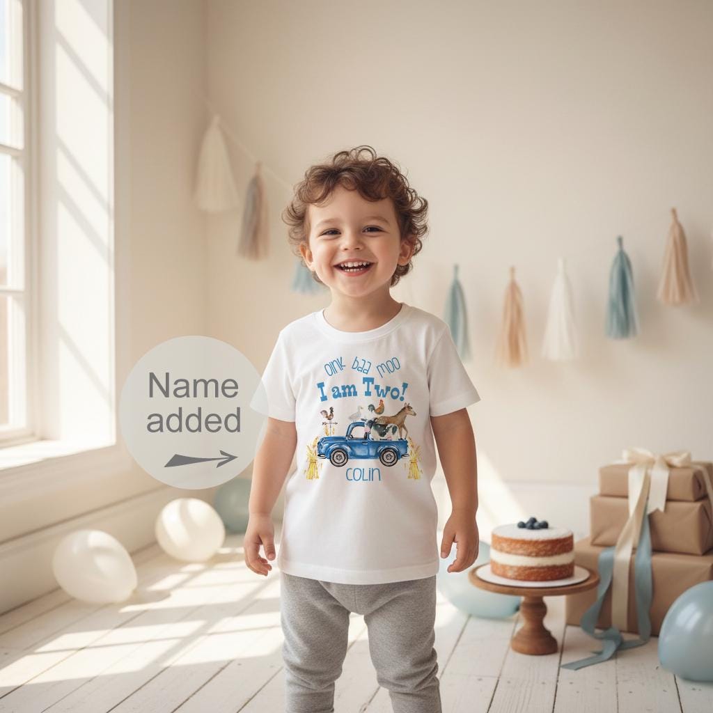 "OINK BAA MOO, I am Two!" This is such an adorable farm theme birthday shirt!  Perfect for your little man's Second Birthday Party! This design features a cute blue truck and watercolor style animals with the words "oink baa moo I am two!"  Perfect for a farm theme birthday! Also makes a great gift!  This design is printed directly onto the garment you choose.