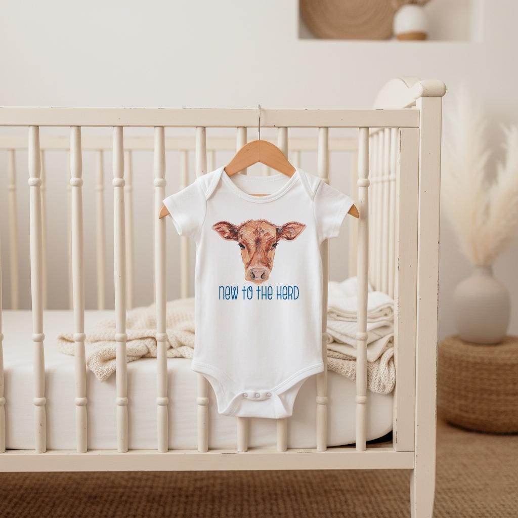 New to the Herd Bodysuit, Western Newborn Outfit, Rustic Neutral Shower Gift, Baby Boy Gift, Cow Infant Romper, Farm Baby Bodysuit
