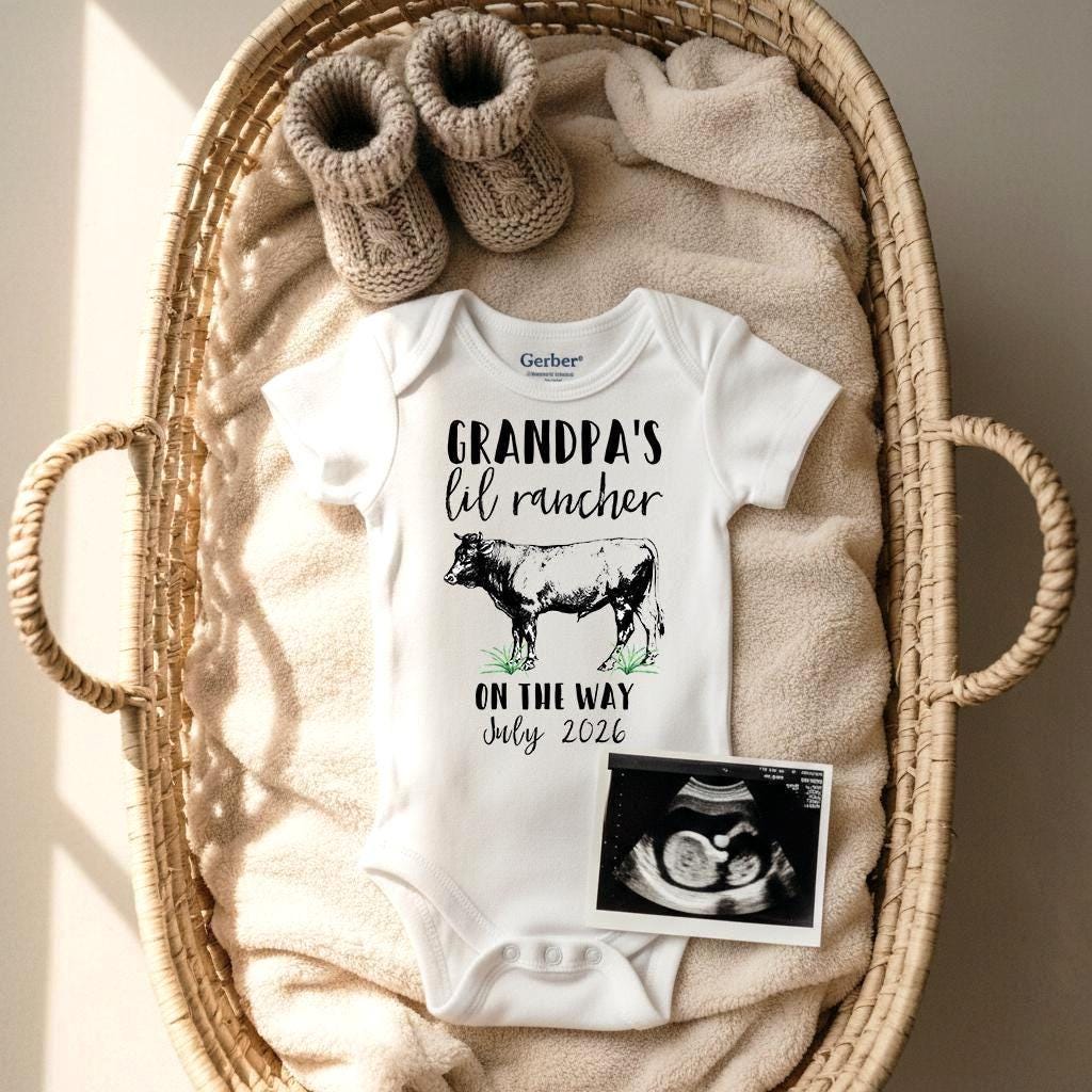 "Grandpa's Lil Rancher on the way”  Personalized with the month and year your baby is due!  This cute country baby design is sure to make your loved ones smile when they find out you are expecting!  Perfect pregnancy reveal to all family, especially grandparents, and for maternity photoshoots!  Also super cute for social media pregnancy announcements!