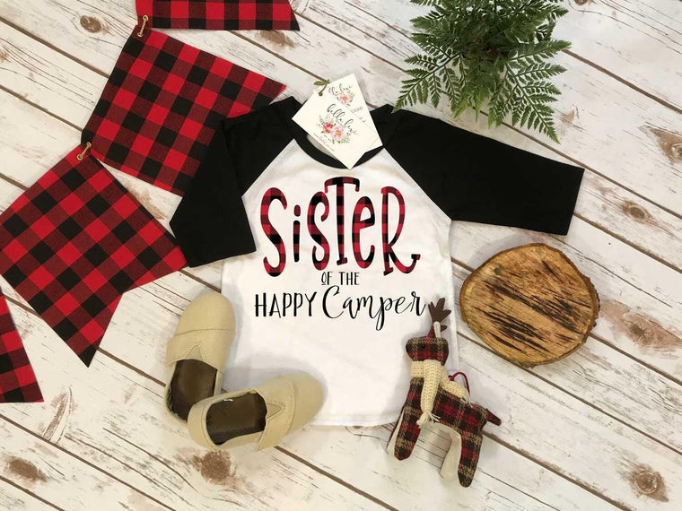 Camping Birthday Shirt, Camping Birthday, SISTER of the Happy Camper, 1st Birthday shirt,Buffalo Plaid Party, Lumberjack Party, Sister Shirt