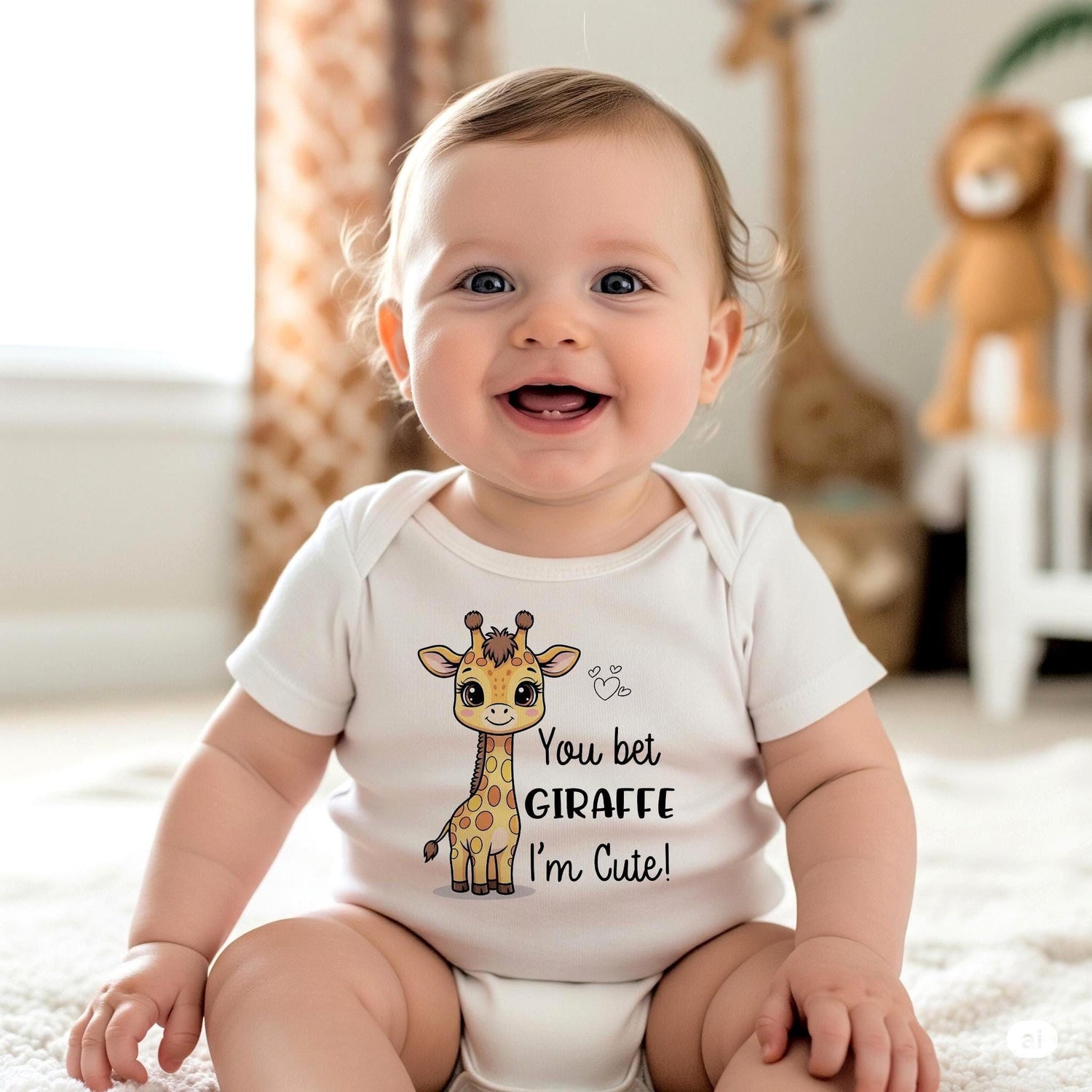 Your little one will be the star of the savannah (or the stroller) in this adorable “You Bet Giraffe I’m Cute” baby onesie! Featuring a playful giraffe-inspired pun, this super soft and comfy bodysuit is perfect for baby showers, first birthdays, or everyday cuteness. Whether you're snapping milestone photos or heading to the zoo, this gender-neutral baby outfit is sure to bring smiles. This cute and custom bodysuit or t-shirt also makes a wonderful baby shower gift!
