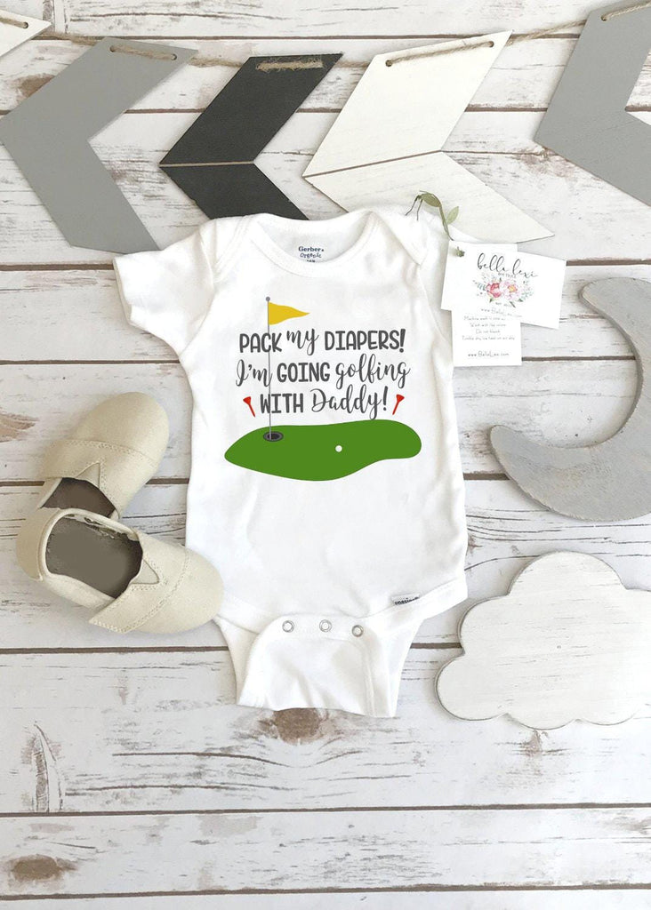 Golf baby bodysuit with putting green and Pack My Diapers I'm Going Golfing with Daddy text, baby shower gift