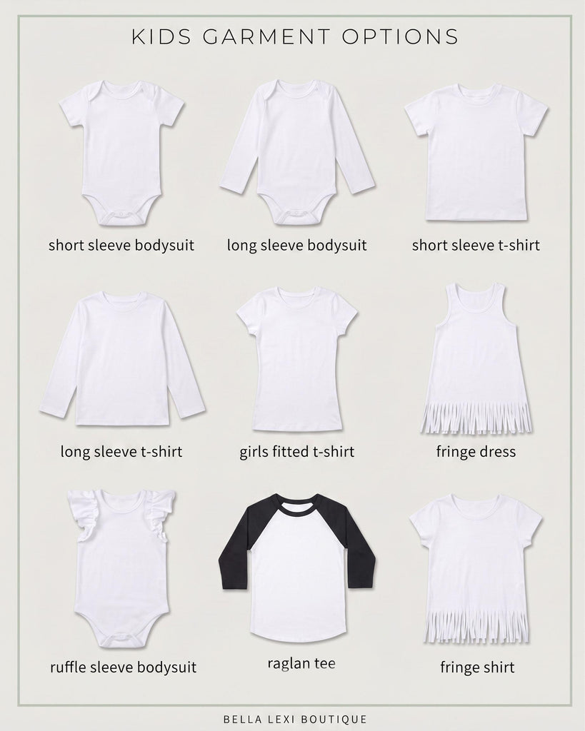 a variety of children's clothing options, including short sleeve bodysuits, long sleeve bodysuits, short sleeve t-shirts, long sleeve t-shirts, girls' fitted t-shirts, fringe dresses, and ruffle sleeve bodysuits.