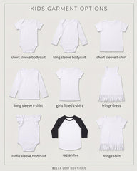a variety of children's clothing options, including short sleeve bodysuits, long sleeve bodysuits, short sleeve t-shirts, long sleeve t-shirts, girls' fitted t-shirts, fringe dresses, and ruffle sleeve bodysuits.
