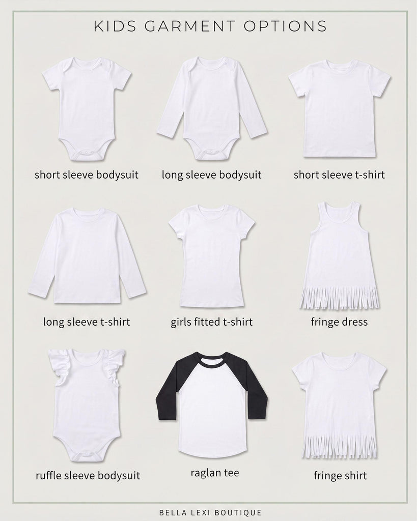 a variety of children's clothing options, including short sleeve bodysuits, long sleeve bodysuits, short sleeve t-shirts, long sleeve t-shirts, girls' fitted t-shirts, fringe dresses, and ruffle sleeve bodysuits.