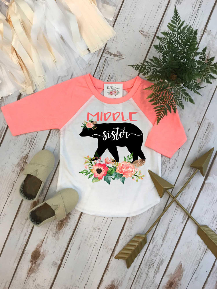 Middle Sister Floral Bear Shirt, Sisters Matching Tee