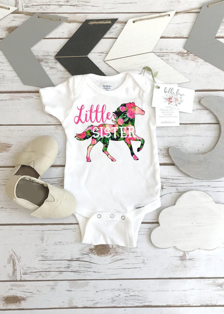 Little Sister Floral Horse Bodysuit, Baby Shower Gift