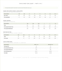 The image is a children's size chart, specifically part 2 of 2, featuring various sizes of children's clothing such as short sleeves, long sleeves, and fringe dresses.