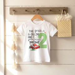 "The grass is calling and I must mow!" This is such an adorable mowing theme birthday shirt!  Perfect for your little man's Second Birthday Party! This design features a cute lawnmower and garden tools with the words "The grass is calling and I must mow!" and a number '2'.  Perfect for a lawn mower theme birthday!