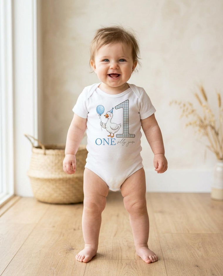 One Silly Goose Birthday, 1st Birthday Boy Blue, Goose 1st Birthday, Goose on the Loose, Boy Gingham Party, Goose  Birthday Romper