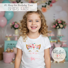 Kitten sixth birthday shirt with floral crown kitty face and six in pink for a girl's cat party
