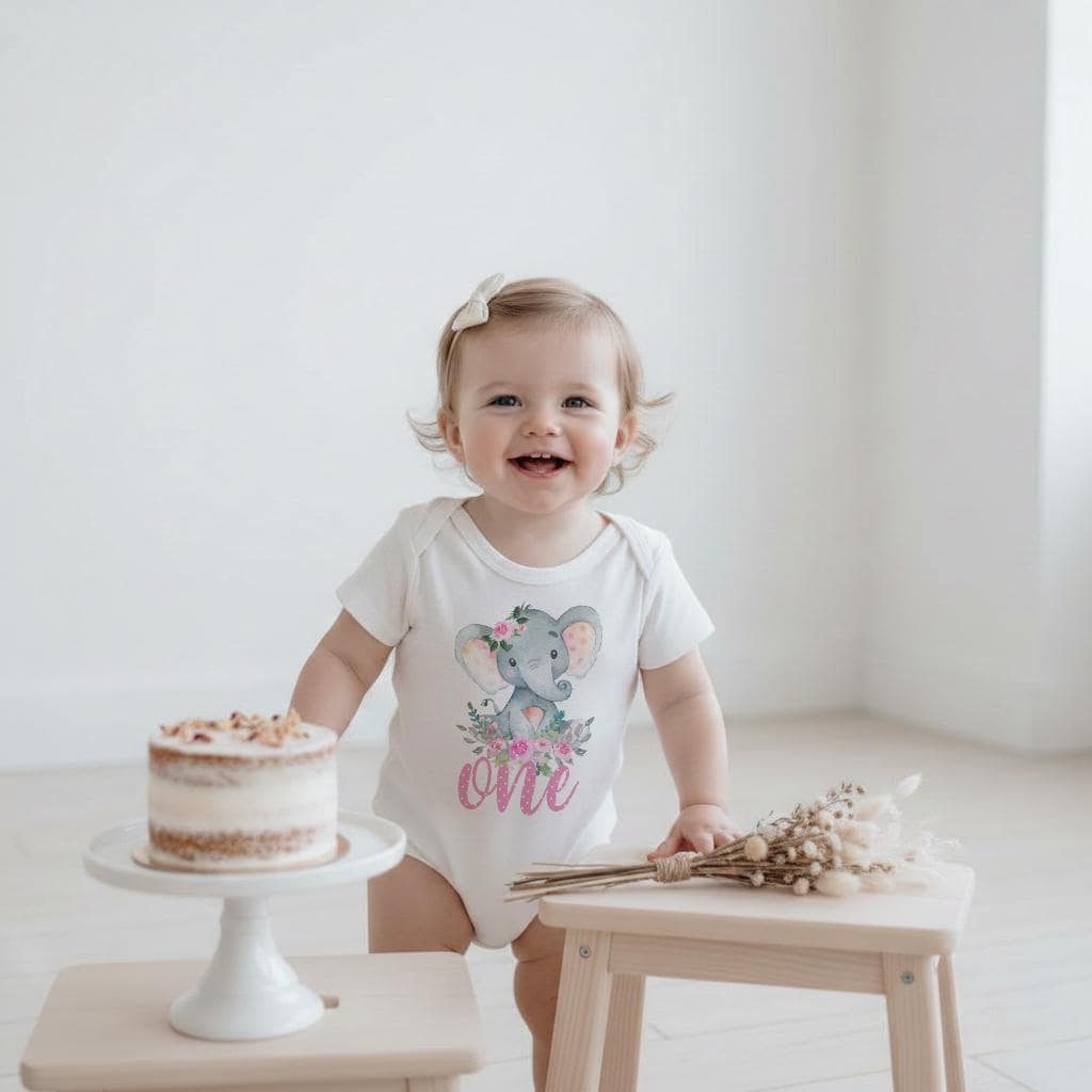 This is such an adorable Elephant themed Birthday onesie®, t-shirt or bodysuit!  Perfect for your little girl's first birthday party!  This custom design features a watercolor style elephant with floral elements in pinks and greens with the word "one" in polka dot pink.