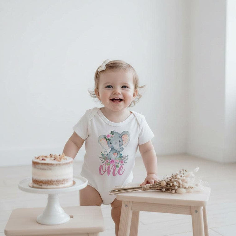 Elephant Safari First Birthday Bodysuit, Boho Girl Party Outfit