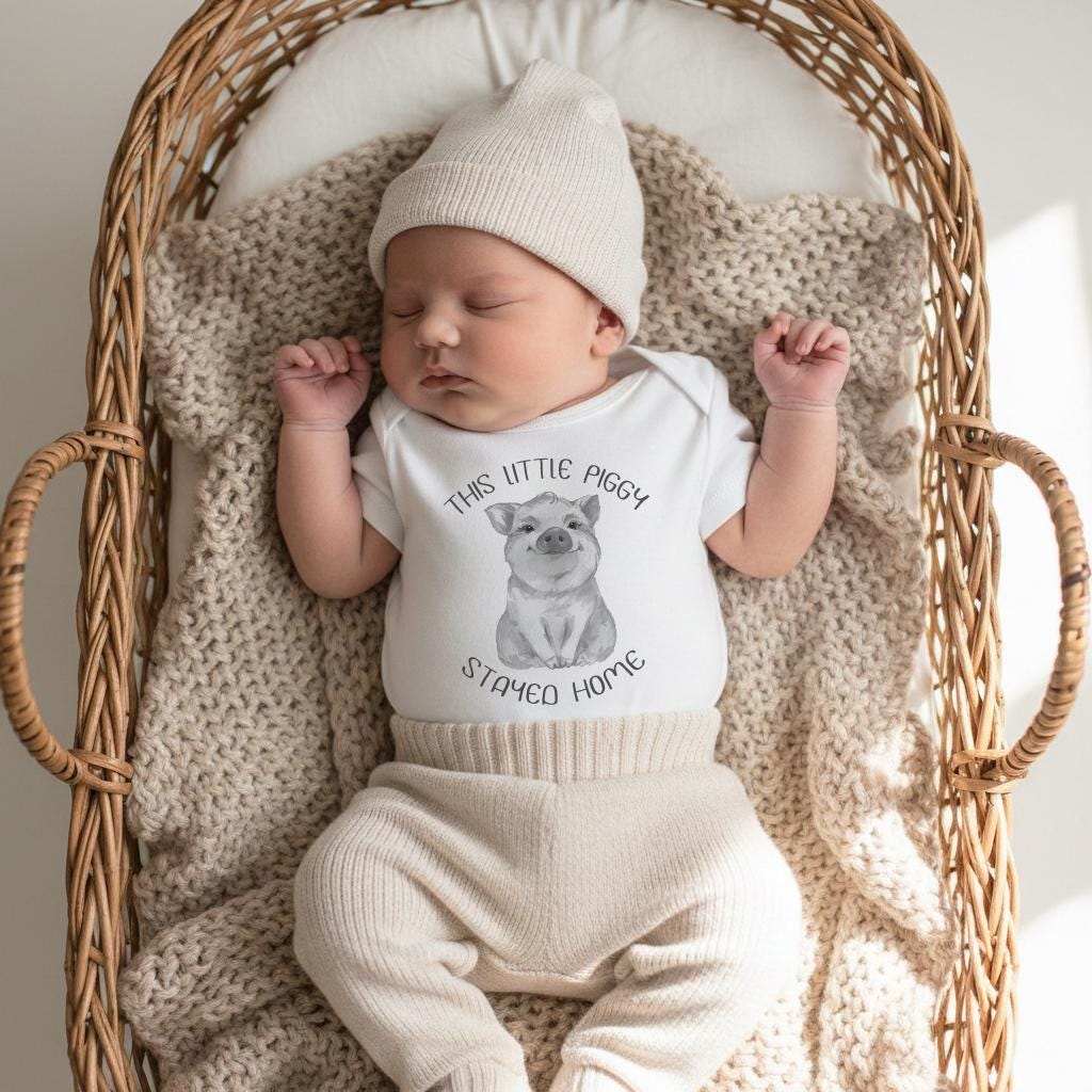 May include: A white short-sleeved baby bodysuit featuring a gray illustration of a piglet in the center. The text "THIS LITTLE PIGGY STAYED HOME" is printed in a circular arc around the piglet. The bodysuit is paired with beige ribbed pants.
