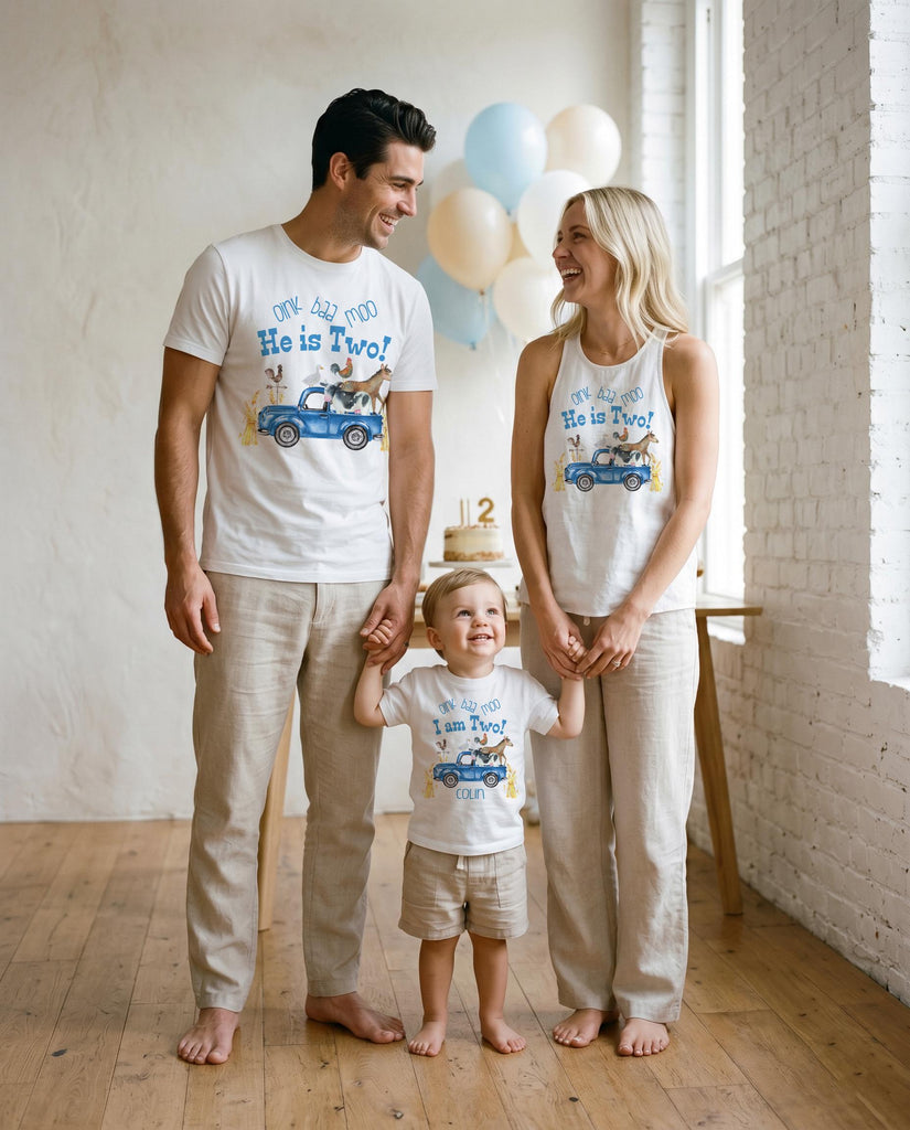 Farm Birthday Shirt, Oink Baa Moo, Second Birthday Blue Truck Party, Family Birthday Tees
