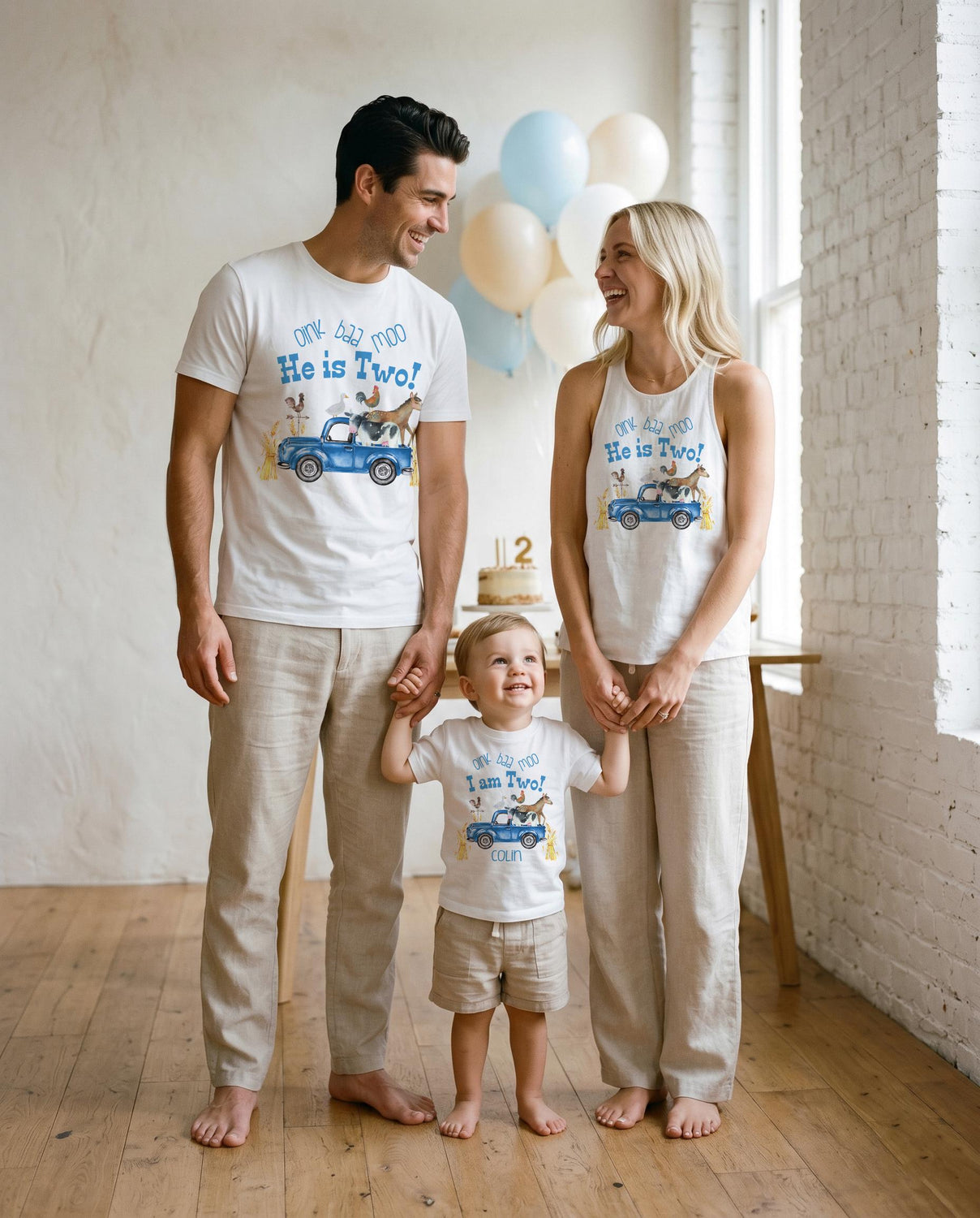 Farm Birthday Shirt, Oink Baa Moo, Second Birthday Blue Truck Party, Family Birthday Tees