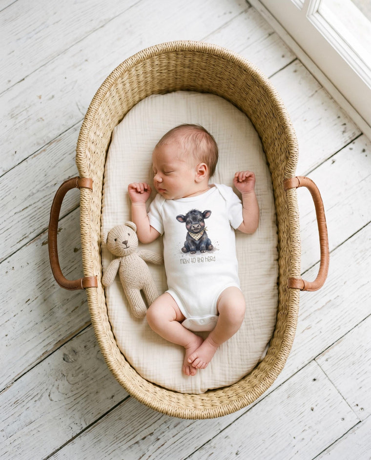 New to the Herd Angus Calf Bodysuit, Western Farm Baby Shower Gift, Cow Onesie®