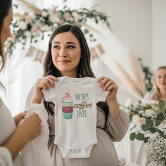 May include: A white short-sleeved baby bodysuit featuring a graphic of a teal coffee cup with a pink heart and whipped cream topping. The text "MOM'S coffee DATE" is printed in teal and brown lettering on the front of the garment.