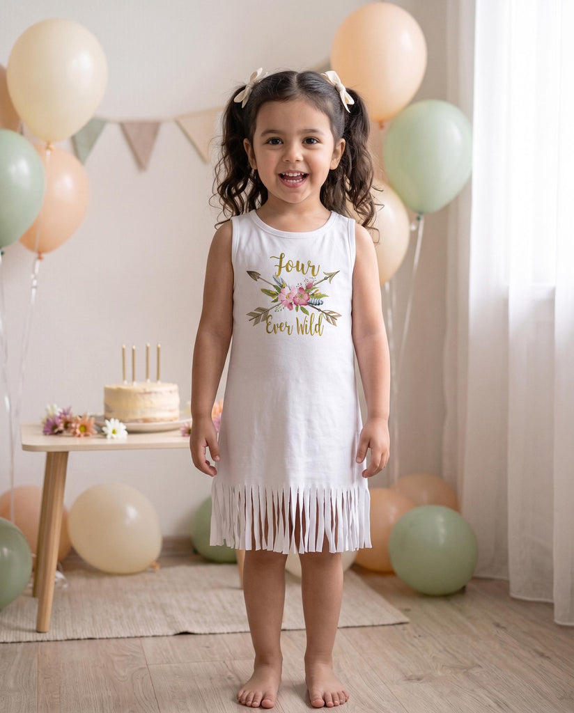 Boho fourth birthday dress girl turning four wildflower birthday party outfit