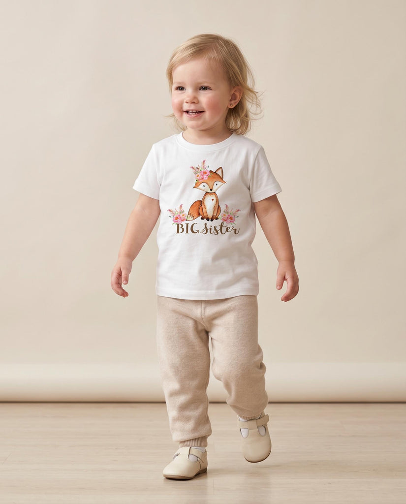 May include: A white short-sleeved t-shirt featuring a graphic of a fox adorned with pink flowers and the text BIG Sister in brown script, paired with beige knit trousers and light-colored shoes. The shirt has a crew neckline and a straight hem.