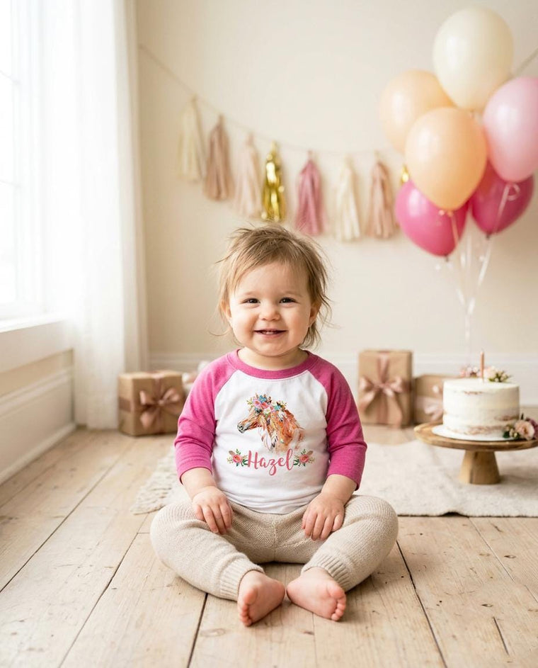 Personalized Boho Pony Birthday Shirt, Cowgirl Party Raglan Tee