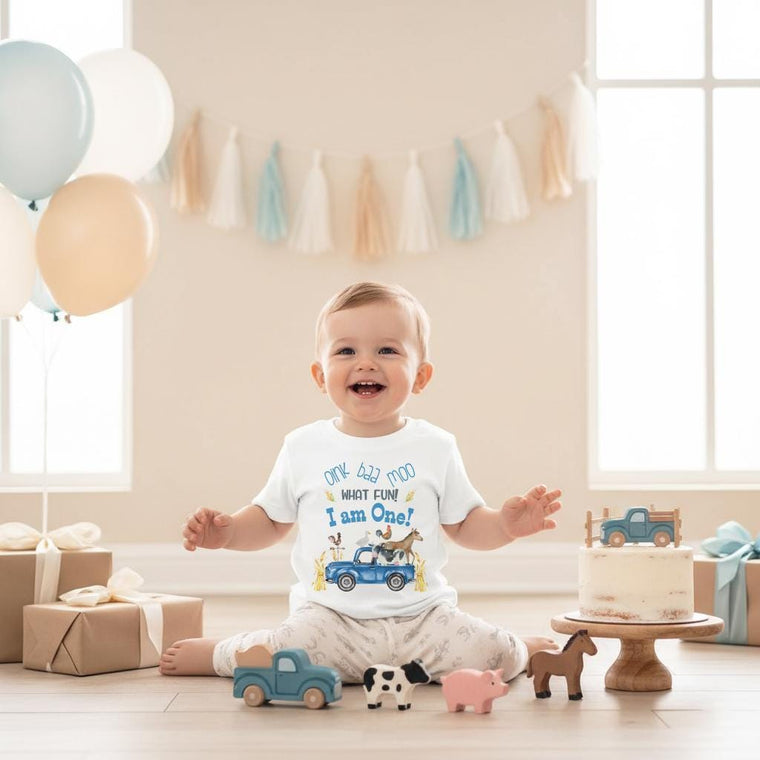 First Birthday Bodysuit, Oink Baa Moo, Little Truck Birthday, Oink Moo Turning ONE, 1st Birthday, Blue Truck Party, Farm Party, Boy Birthday
