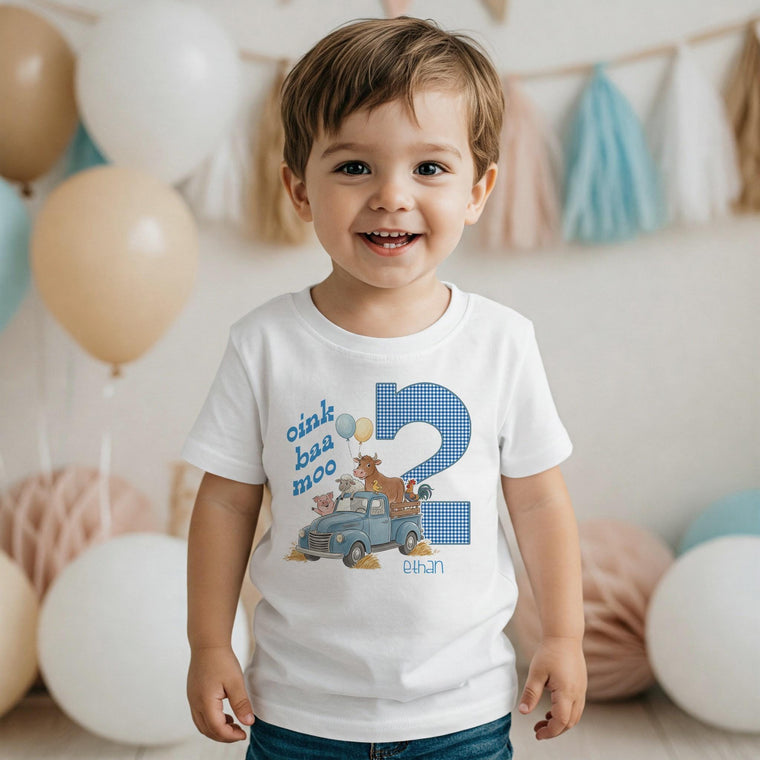 Oink Baa Moo Farm Second Birthday Shirt, Blue Truck Party Outfit