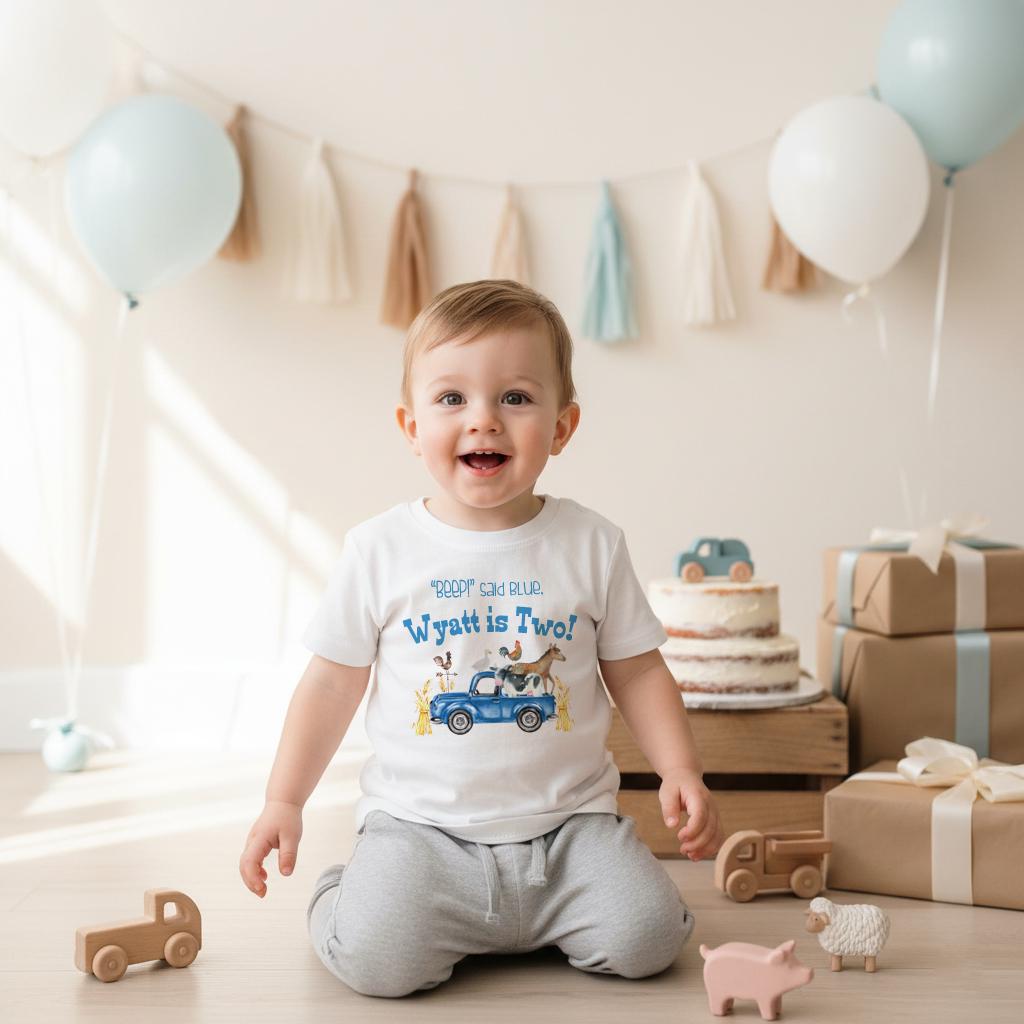 "Beep said Blue! {Name} is Two!" This is such an adorable farm theme birthday shirt!  Perfect for your little man's Second Birthday Party! This design features a cute blue truck and watercolor style animals.  Perfect for a personalized farm theme birthday! Also makes a great gift!