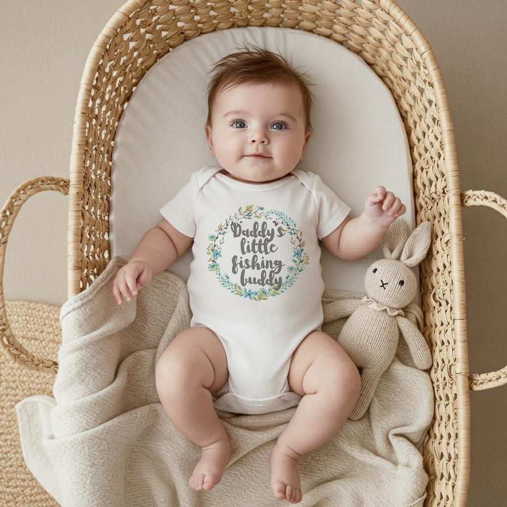 May include: A white short-sleeved baby bodysuit featuring a circular floral wreath graphic in shades of blue and green, with the text "Daddy's little fishing buddy" printed in the center. A small, light brown knitted rabbit toy sits beside the baby.
