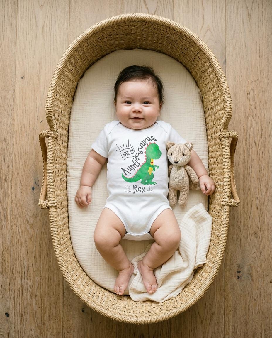 May include: A white short-sleeved baby bodysuit featuring a green dinosaur graphic and the text I love my Auntie-saurus Rex. The garment is worn by an infant lying in a woven basket alongside a small, light brown knitted fox-shaped plush toy.