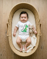 May include: A white short-sleeved baby bodysuit featuring a green dinosaur graphic and the text I love my Auntie-saurus Rex. The garment is worn by an infant lying in a woven basket alongside a small, light brown knitted fox-shaped plush toy.