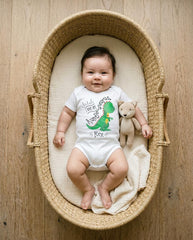 May include: A white short-sleeved baby bodysuit featuring a green dinosaur graphic and the text I love my Auntie-saurus Rex. The garment is worn by an infant lying in a woven basket alongside a small, light brown knitted fox-shaped plush toy.