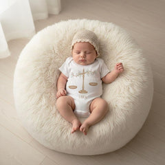 Libra zodiac baby onesie featuring a soft boho watercolor design on a bright white background. Unisex astrology baby outfit perfect for September and October birthdays, newborn photos, baby shower gifts, horoscope-themed milestone pictures, and gender-neutral baby clothing. High-quality printable Libra zodiac artwork for infant apparel