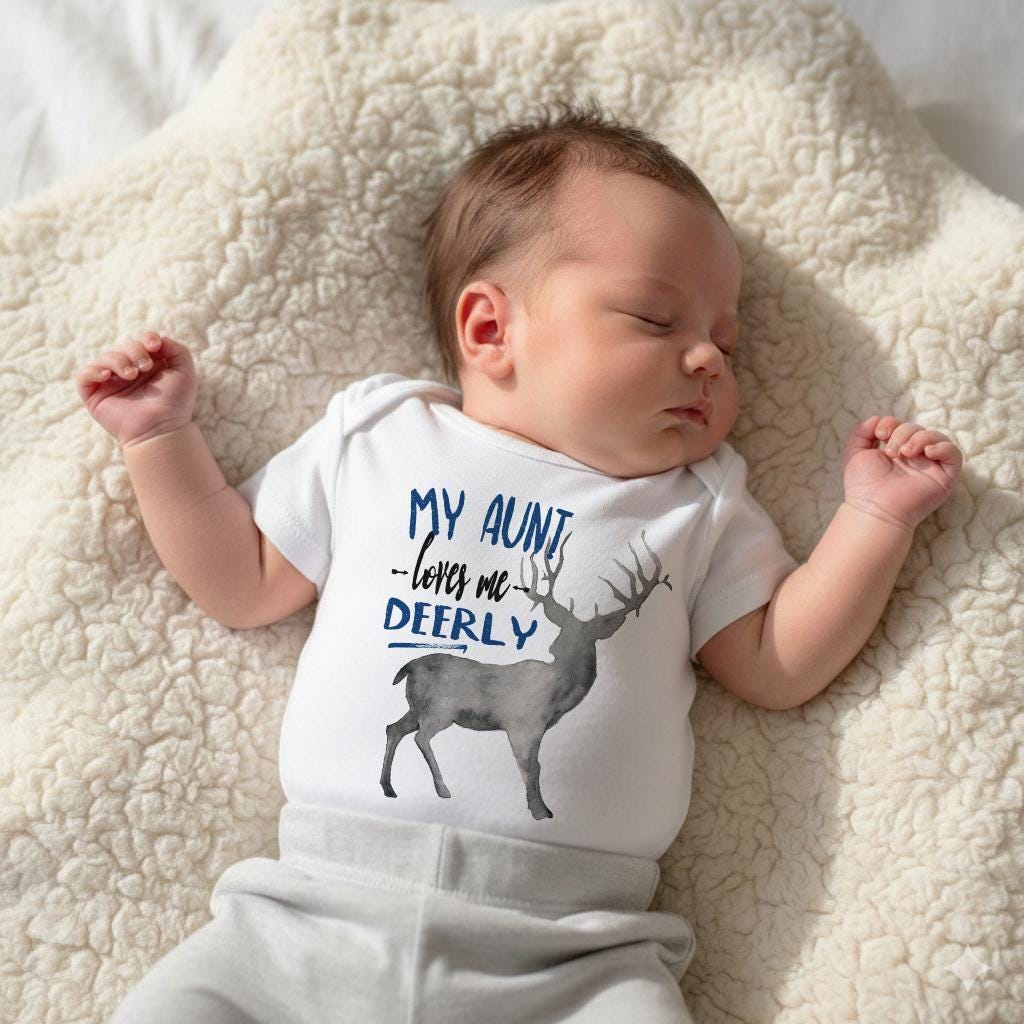 May include: A white short-sleeved baby bodysuit featuring a graphic of a grey deer and the blue text "MY AUNT loves me DEERLY" printed on the front. The garment has a round neckline and is worn by a sleeping infant with light skin and brown hair.
