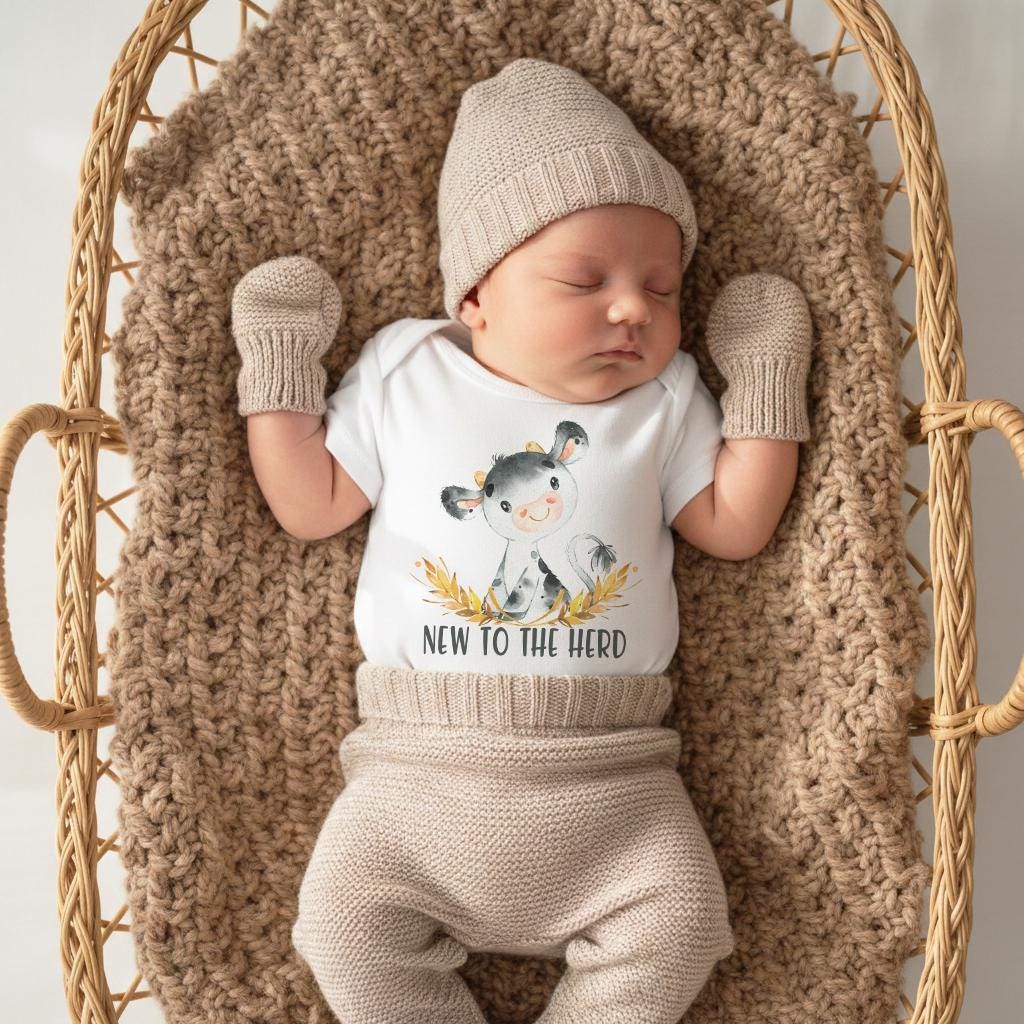 May include: A baby outfit consisting of a white short-sleeved bodysuit with a graphic of a cow and the text NEW TO THE HERD, paired with matching beige knit pants, a knit beanie, and knit mittens, all featuring a textured, neutral-toned fabric.