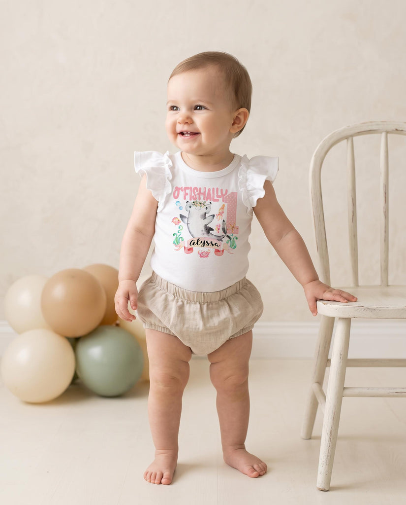 O'Fishally One Shark Birthday Flutter Sleeve Bodysuit, Girl