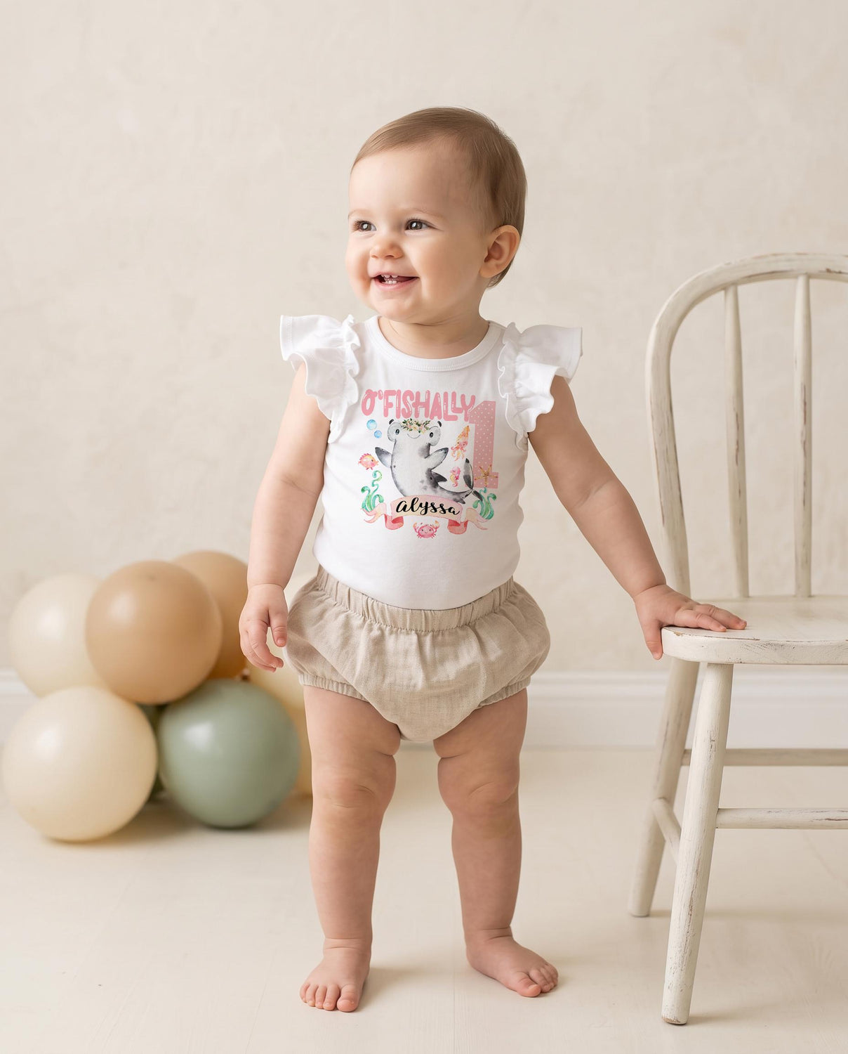 O'Fishally One Shark Birthday Flutter Sleeve Bodysuit, Girl