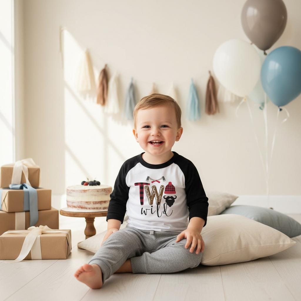 May include: A white and black raglan long-sleeve shirt with the text Two Wild, featuring a red and black buffalo plaid beanie, a black beard, and two crossed axes. The shirt is paired with gray pants, creating a lumberjack-themed birthday outfit.