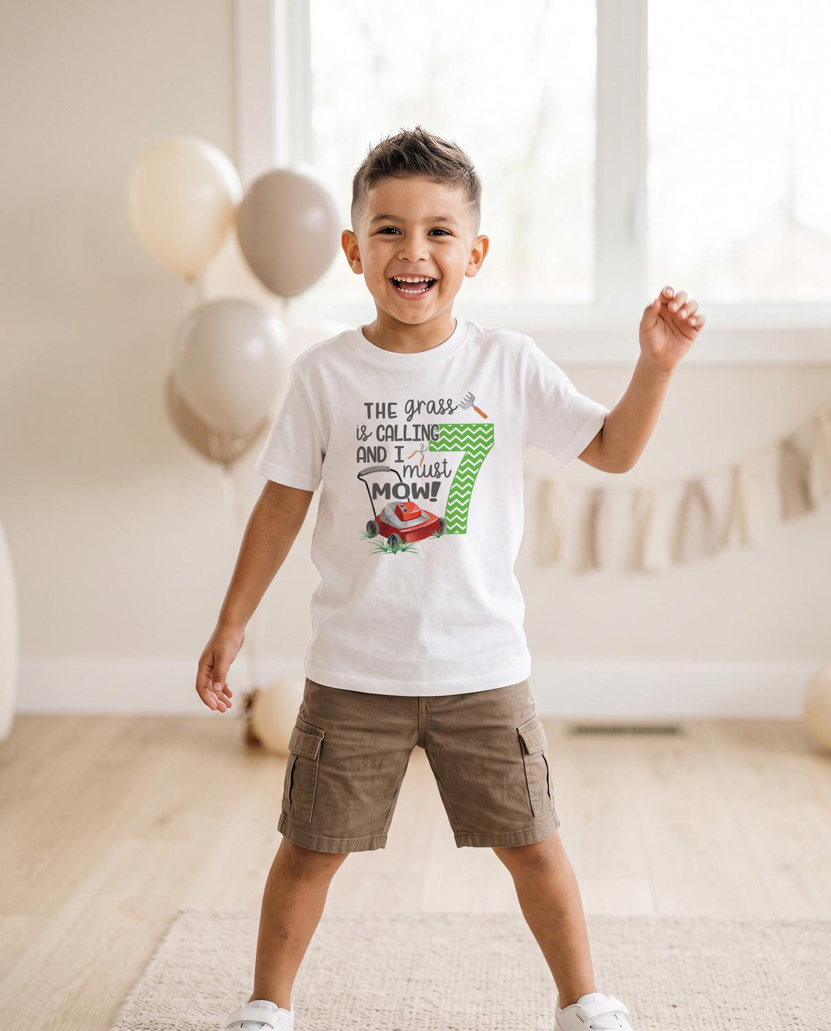 Lawnmower 7th birthday shirt for boy with grass is calling design