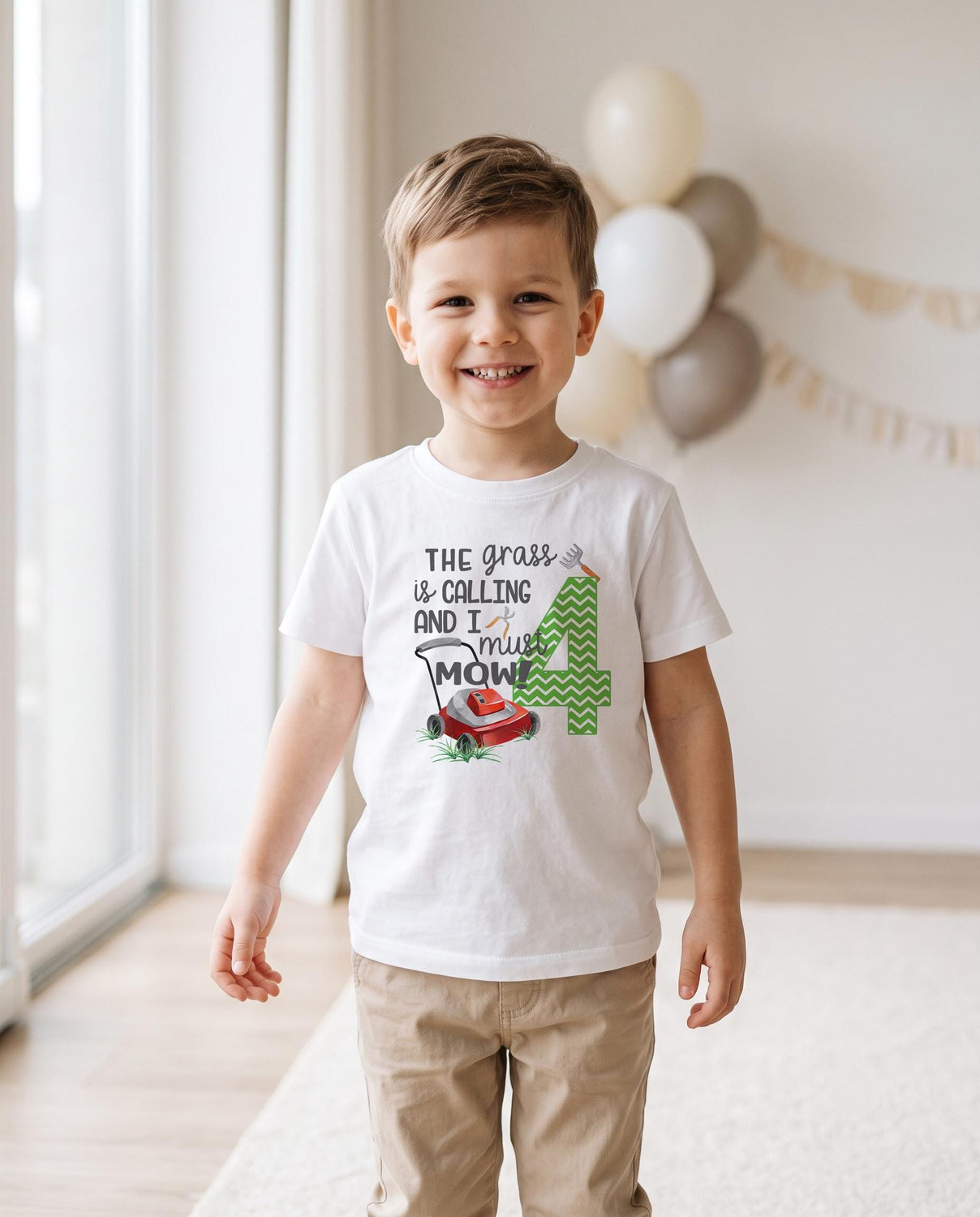 Lawnmower 4th birthday shirt for boy with grass is calling design