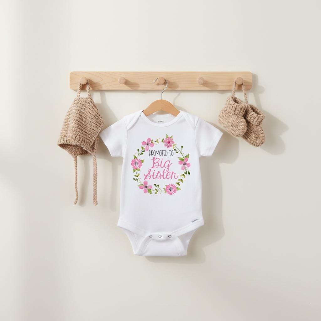 May include: A white short-sleeved baby bodysuit featuring a floral wreath graphic surrounding the text "PROMOTED TO Big Sister" in pink and black. The bodysuit is displayed with a matching tan knit bonnet and a pair of tan knit baby booties.