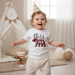 Wild One Birthday Shirt.  This adorable Lumberjack Bear Theme Birthday design features a red and black buffalo plaid print bear and the words "Wild One"  This is such an adorable shirt for your little one's birthday celebration!  Makes a great birthday gift for the little lumberjack cub in your life! Family set available!
