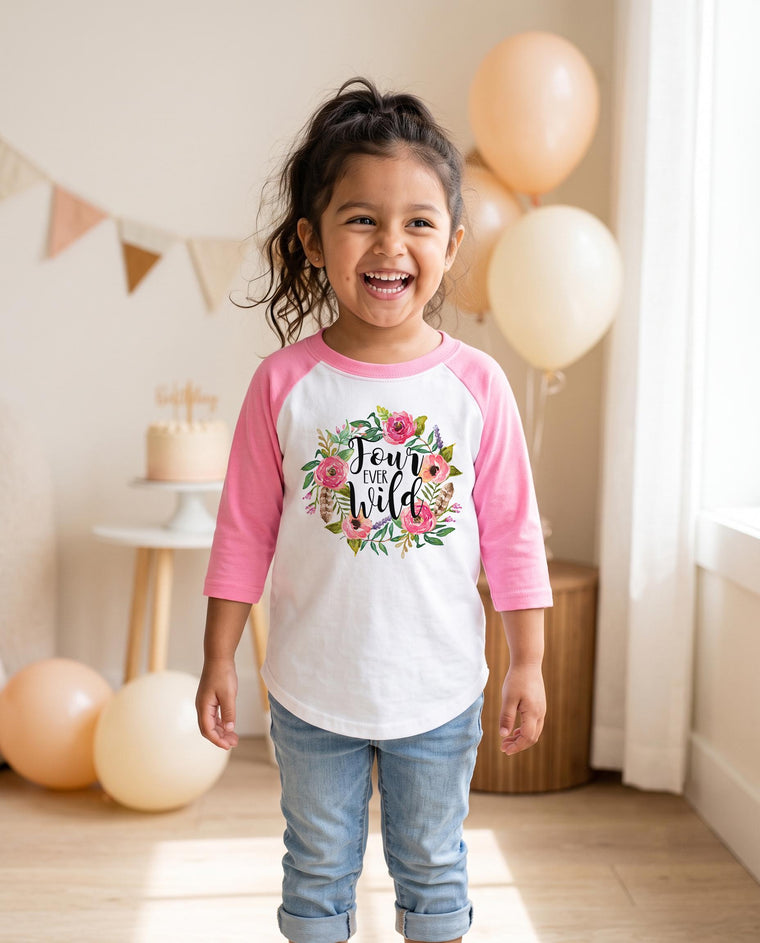 Fourth Birthday, Four Ever Wild, Girl Birthday RAGLAN, 4th Birthday, 4th Birthday Shirt, Boho Birthday, Girl Birthday Shirt, For Ever Wild