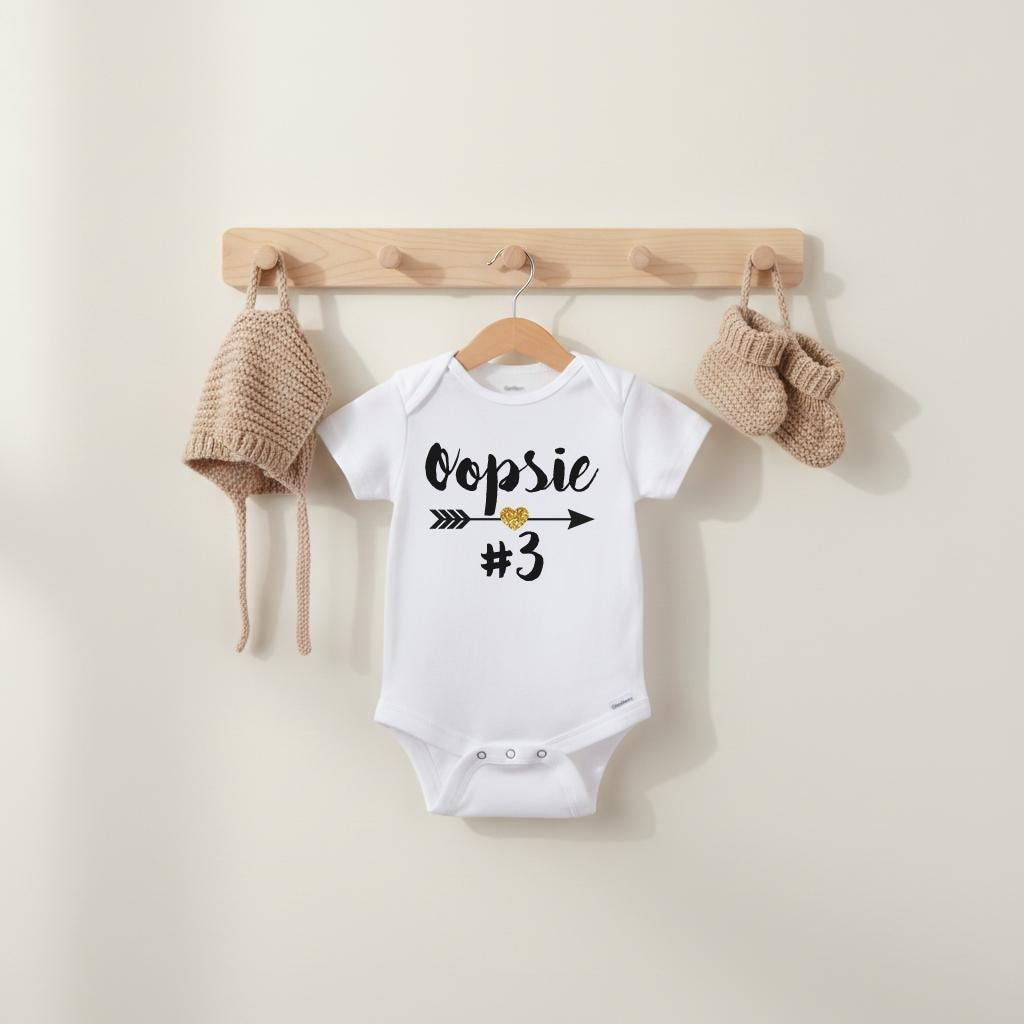 May include: A white short-sleeve baby bodysuit featuring the black text Oopsie, a gold glitter heart, an arrow graphic, and the number 3. The bodysuit is displayed on a wooden hanger alongside a matching tan knit bonnet and tan knit booties.