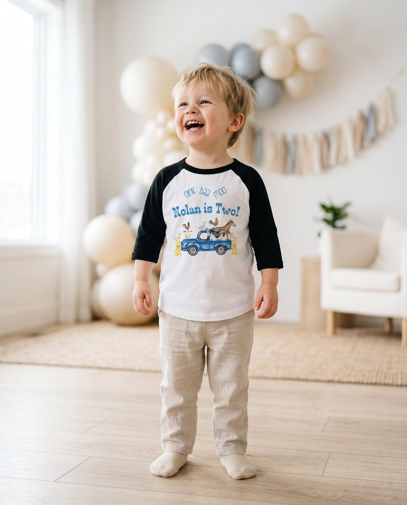 Second Birthday, Oink Baa Moo, Farm Birthday, Oink Moo Turning Two, 2nd Birthday, Blue Truck Party, Farm Party Theme, Boy Birthday SHIRT