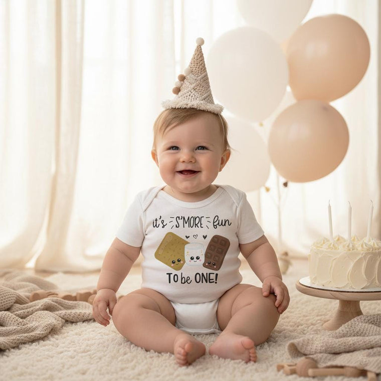 S'more Fun to be ONE Onesie®, Camping Birthday Shirt, First Birthday Romper